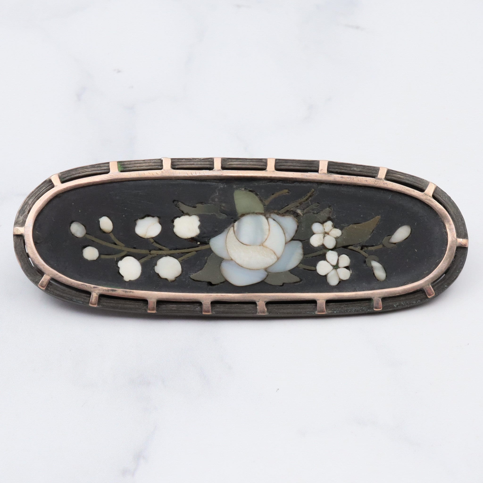 Antique victorian gold filled pietra dura oval flower brooch